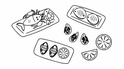 Hand drawn seafood dinner set vector illustration delicious grilled fish and lemon slices
