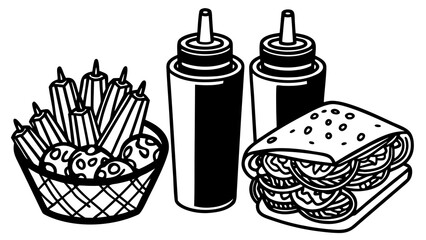 Hand-drawn vector illustration set of delicious shawarma meal with fries and sauces