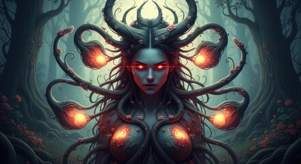 Enchanting forest deity with glowing eyes amidst a mystical woodland scene
