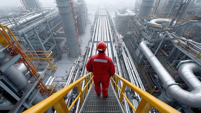 Industrial Vanguard: A solitary figure, clad in protective gear, navigates the intricate network of an industrial plant, symbolizing progress and industry. 