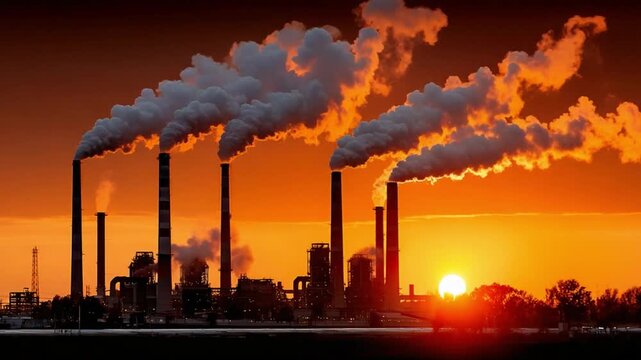 Environmental Pollution: The industrial landscape is marred by thick plumes of smoke billowing from towering smokestacks, symbolizing the environmental impact. The toxic atmosphere