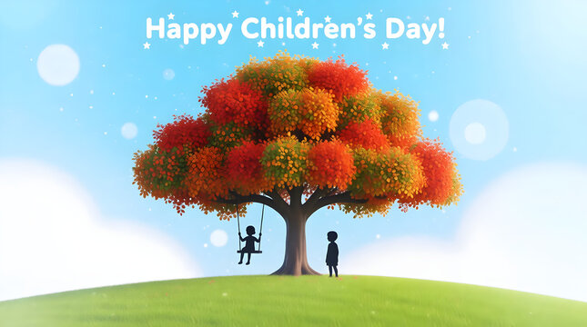 Celebrate happy childrens day with this whimsical image featuring a vibrant tree, playful children, and a joyful atmosphere, perfect for spreading cheer