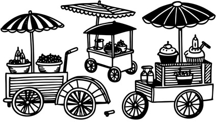 Doodle style street food carts with umbrellas and treats vector illustration scalable eps © freelancemoment