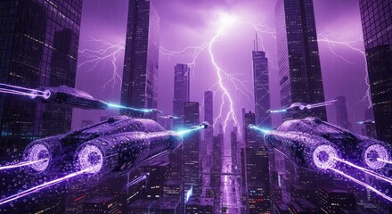 Futuristic cityscape with spaceships and lightning strikes under a violet sky