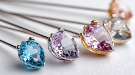Four gemstone pins with various gemstones, including a blue topaz, an amethyst, a pink tourmaline, and a white diamond, arranged in a row on a white surface.