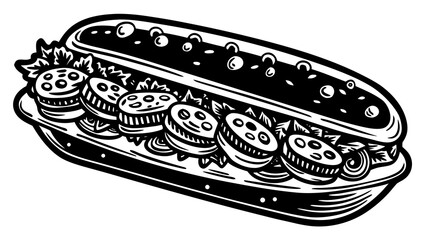 Hand drawn doodle of a long sub sandwich with toppings vector illustration
