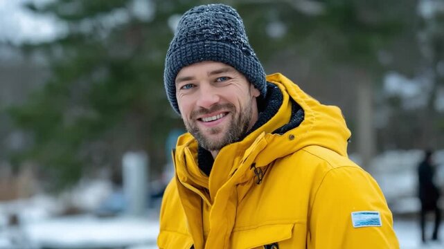 Smiling Winter Portrait: A cheerful man exudes warmth, bundled in a cozy hat and bright yellow coat, as he offers a friendly smile against a blurred snowy backdrop.