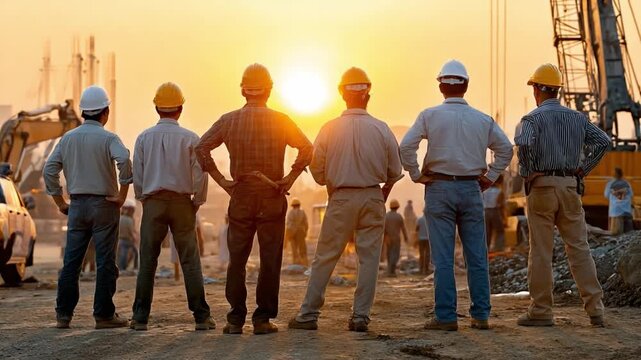 Construction Team at Sunset: A dedicated construction team stands united, gazing towards the horizon as the sun sets, symbolizing their shared goals and commitment to their project.