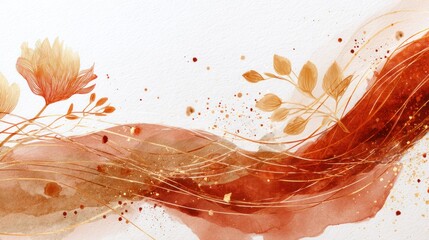 A watercolor painting of a red and orange floral design with gold accents on a white background.