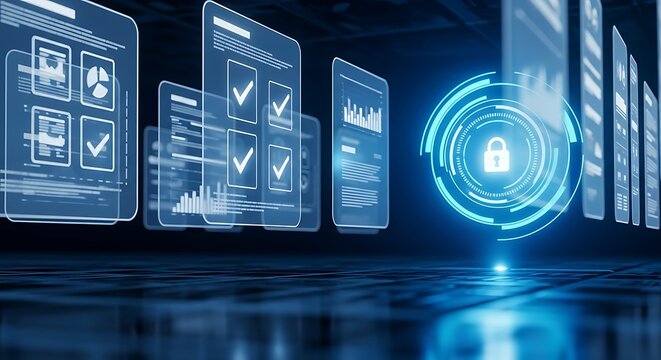 Futuristic digital interface displays data and security protocols with glowing holographic padlock icon symbolizing cybersecurity and advanced technology