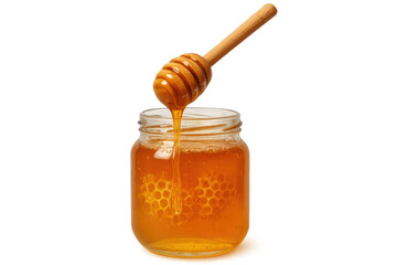 Honey dipper dripping golden sweet natural honey into a glass jar with honeycomb, healthy food on a transparent background