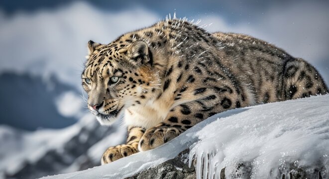 Snow leopard resting majestically on a snow-covered precipice amidst towering peaks capturing its