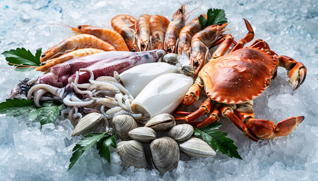 Assorted fresh seafood on ice including shrimp squid clams and crustaceans