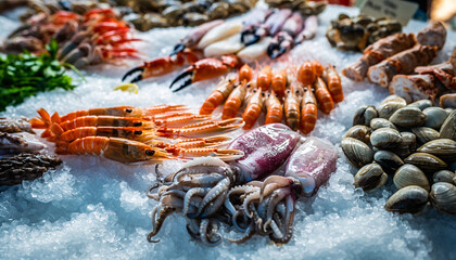 Assorted fresh seafood on ice including shrimp squid clams and crustaceans