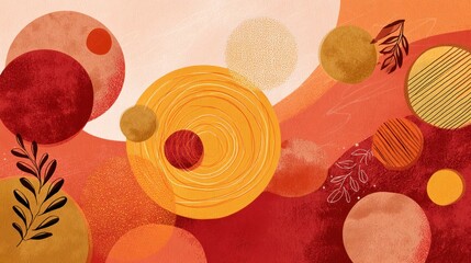 A vibrant abstract painting with a mix of warm and cool colors, featuring circular shapes and abstract patterns on a red and orange background. 