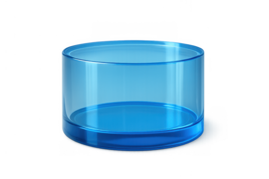 Blue transparent glass cylinder container with empty space for cosmetic cream product mockup, isolated on transparent background