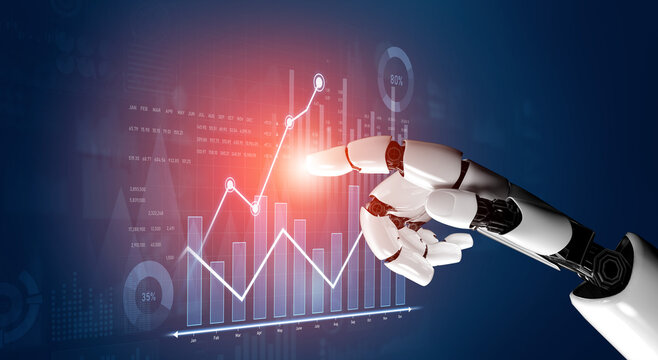 A robotic hand points at dynamic graphs and data visualizations, illustrating technology role in data analysis and business intelligence in a modern digital landscape. Scalp