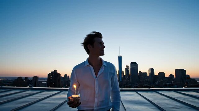 male man happy birthday | A man in a white shirt joyfully holds a cupcake with a candle, standing against a breathtaking skyline during sunset, exuding a sense of celebration and happiness