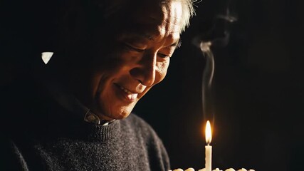 male man happy birthday | An elderly man joyfully gazes at a birthday cake with a lit candle, exuding warmth and nostalgia in a softly lit environment filled with gentle shadows