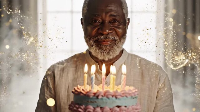 male man happy birthday | An elderly man with a warm smile holds a colorful birthday cake adorned with candles, surrounded by a shimmering atmosphere of joy and celebration