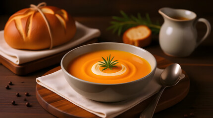 Creamy butternut squash soup with rosemary garnish served with bread, cream, and pepper on a wooden table, creating a warm and inviting atmosphere