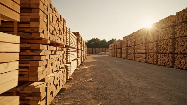 Sunlit lumber yard showcasing neatly stacked wooden planks with a serene landscape in the background