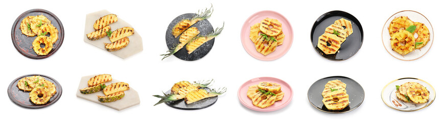 Set of tasty grilled pineapple slices on white background