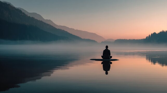 A person meditating on a floating log in a serene lake with a mountainous backdrop at sunset, surrounded by mist and a calm, reflective water surface