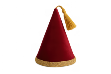 Red fez hat with gold tassel and trim, traditional conical headwear isolated on transparent background