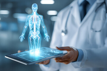 Doctor using tablet to display 3D holographic model of human skeleton in modern medical facility