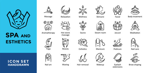 Spa and Esthetics icons set with spa, massage, relaxation, wellness, skincare icon. Simple handdrawn vector 
