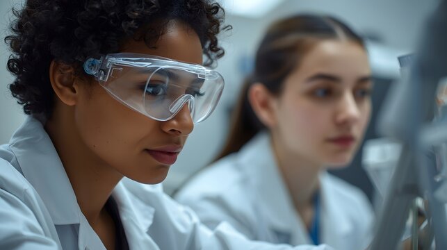 Focused collaboration of two diverse laboratory researchers wearing protective eyewear and lab coat while concentrating on advanced scientific analysis inside a modern clinical research environment