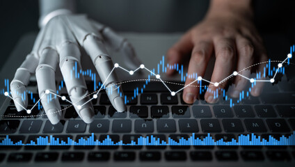 A human hand and a robotic hand typing on a keyboard, with dynamic waveform graphics showcasing the intersection of technology, data analysis, and modern computing. Scalp