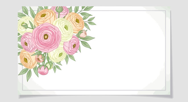 Elegant pastel ranunculus flower bouquet with green leaves on a blank card template, ideal for invitations or spring designs