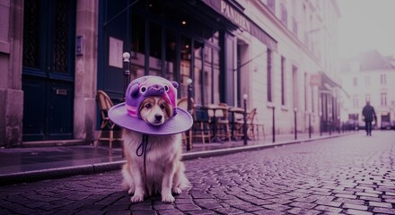Street photography of a dog in a cute and fluffy hat