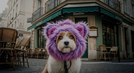 Street photography of a dog in a cute and fluffy hat