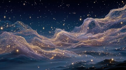 Abstract landscape with glowing particles resembling clouds or nebulae against a dark sky.