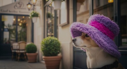 Street photography of a dog in a cute and fluffy hat