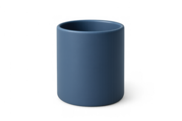 Blue ceramic cylindrical cup or mug standing vertically. Drinkware item for coffee, tea, or other beverages. Transparent background