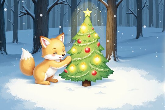 Cute Christmas illustration: an adorable baby fox hugging a glowing Christmas tree in a snowy forest