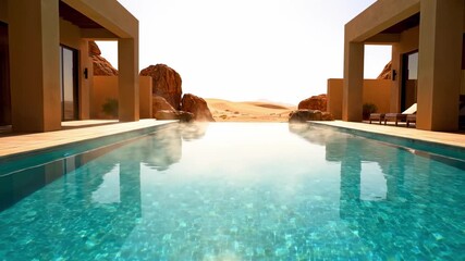 background pool | A serene desert resort features luxurious villas flanking a glistening infinity pool that reflects the vibrant sky, creating a tranquil escape amidst rugged landscapes