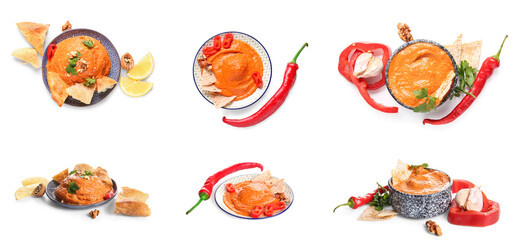 Collage of tasty muhammara dip on white background