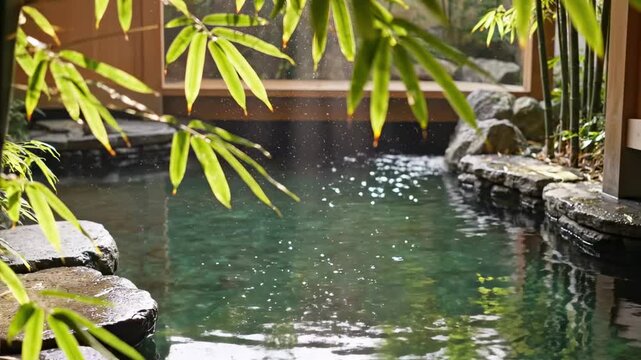 background pool | A tranquil scene featuring lush bamboo leaves framing a serene pond, sunlight filtering through the greenery, creating a peaceful atmosphere in a natural setting