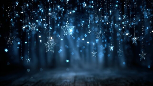 Sparkling lights and snowflakes hanging above a wooden surface create a festive scene.