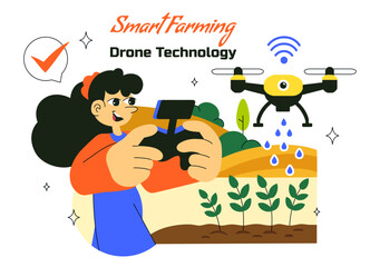 Smart Drone Farming Technology Vector Illustration Featuring a Farmer Managing His Industrial Farm Using a Tablet in a Flat Background
