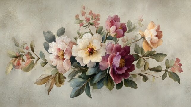 A watercolor painting of a bouquet of flowers, including pink, white, and red roses, on a beige background with a subtle texture.