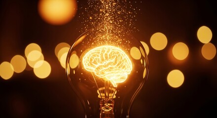 Illuminated brain within a glowing light bulb symbolizing innovation and the spark of new ideas