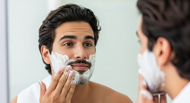 Man applying shaving cream to his face in front of a bathroom mirror during his morning grooming routine