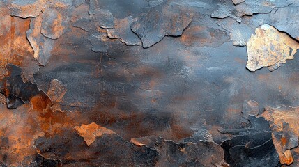 A detailed, abstract background featuring the textured surface of weathered slate with peeling layers and a mix of rusty orange and dark grey tones.