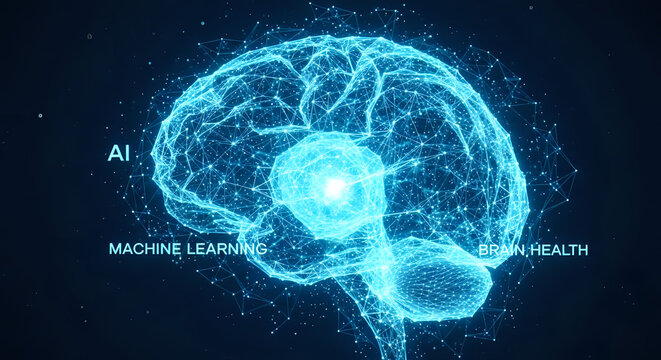 Futuristic glowing brain hologram for AI technology, machine learning and brain health innovations, connecting minds and inspiring scientific discoveries